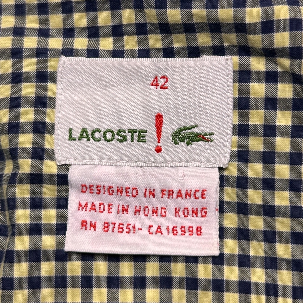 Vtg‎ Lacoste Shirt Mens 42 Yellow Blue Gingham Check Long Sleeve Cotton Preppy - Picture 4 of 9